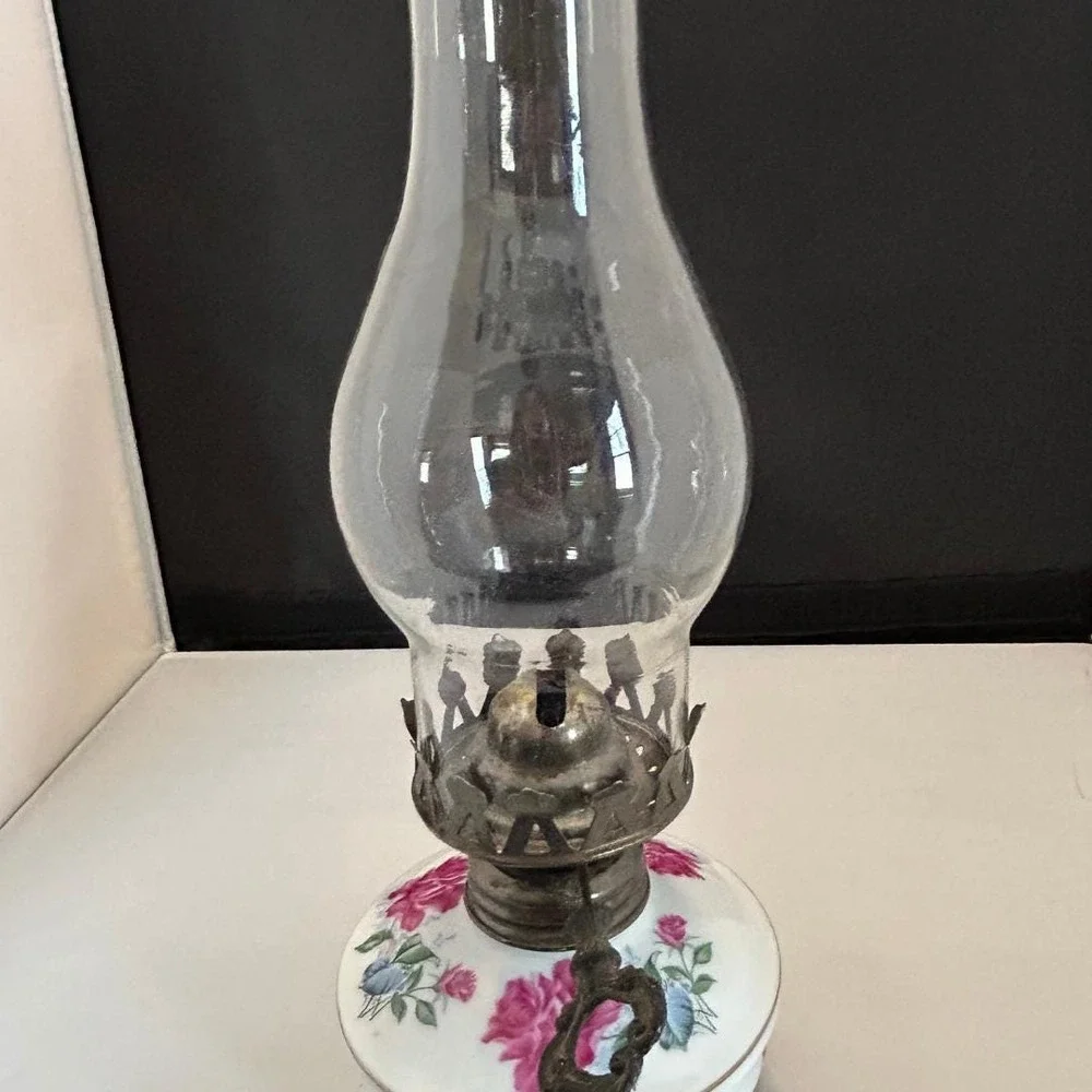 Vintage Floral Porcelain Oil Lamp -Pink Rose Transferware Kerosene Lamp
